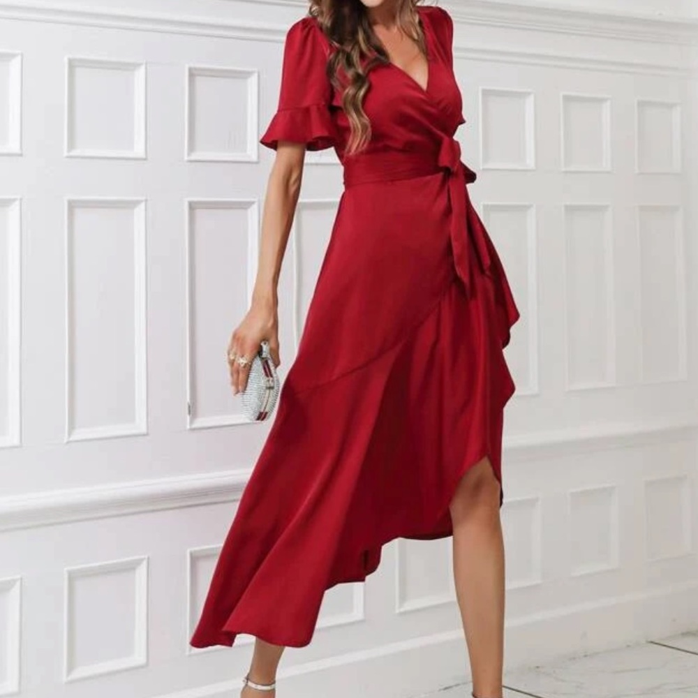 Boho flounce sleeve belted wrap dress - Picture 6 of 16